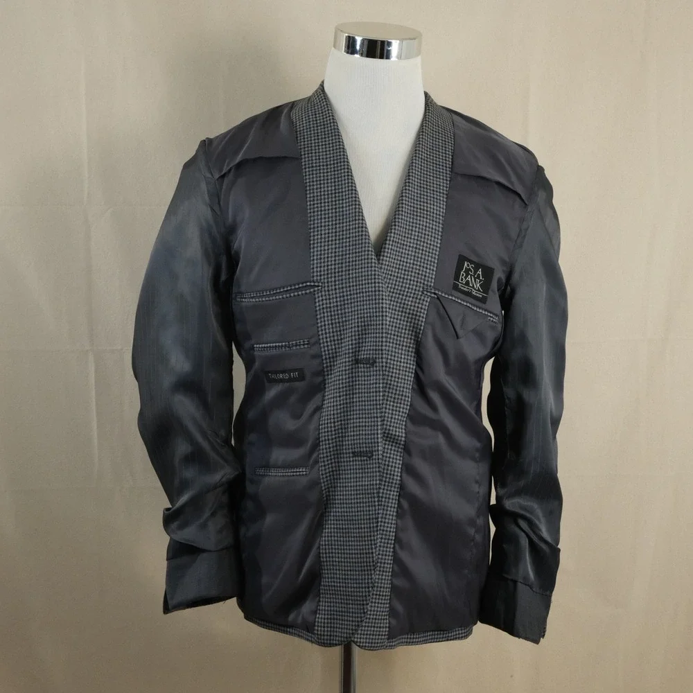 Jos A Bank 40S Sport Coat Wool Gray Blue Houndstooth Two Button Double Vented